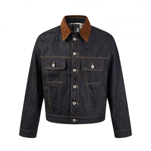 Herren Boxy Denim-Jacke mit Cordkragen und kariertem Futter Nord Taschen
