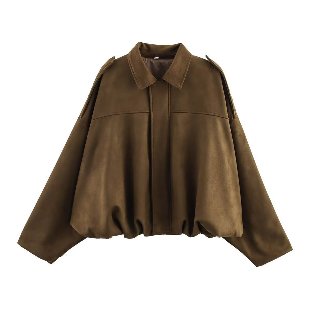 Damen Kurz geschnittene Oversize-Suèdejacke mit Schulterklappen und elastischem Saum Nord Taschen