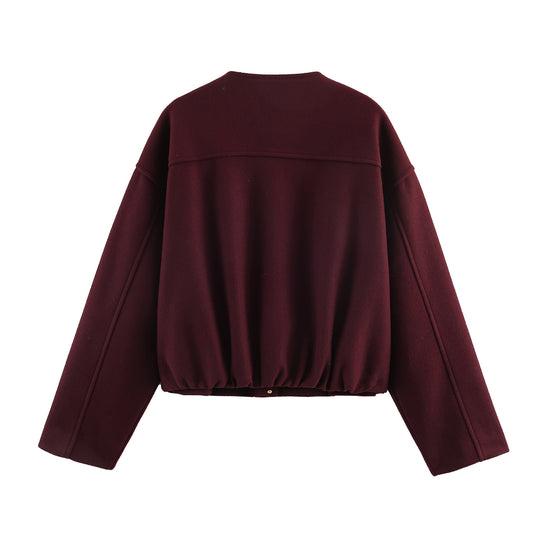 Damen Kurze Boxy-Wollmix-Jacke mit Rundhalsausschnitt und Zierknopfleiste Nord Taschen