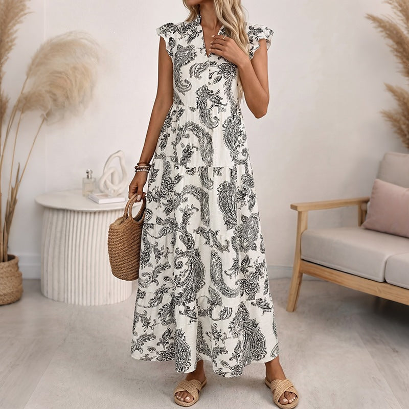 Damen Maxikleid mit Paisley‑Print, V‑Ausschnitt und Stufenrock Nord Taschen