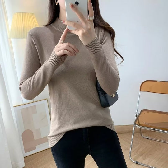 Damen Feiner Langarm-Feinstrickpullover mit schmalem Stehkragen und gerippten Bündchen Nord Taschen