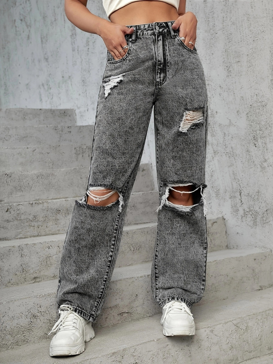 Damen High‑Waist Destroyed Wide‑Leg Jeans mit Knieauschnitten Nord Taschen