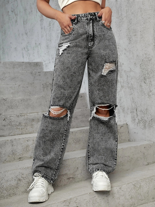 Damen High‑Waist Destroyed Wide‑Leg Jeans mit Knieauschnitten Nord Taschen