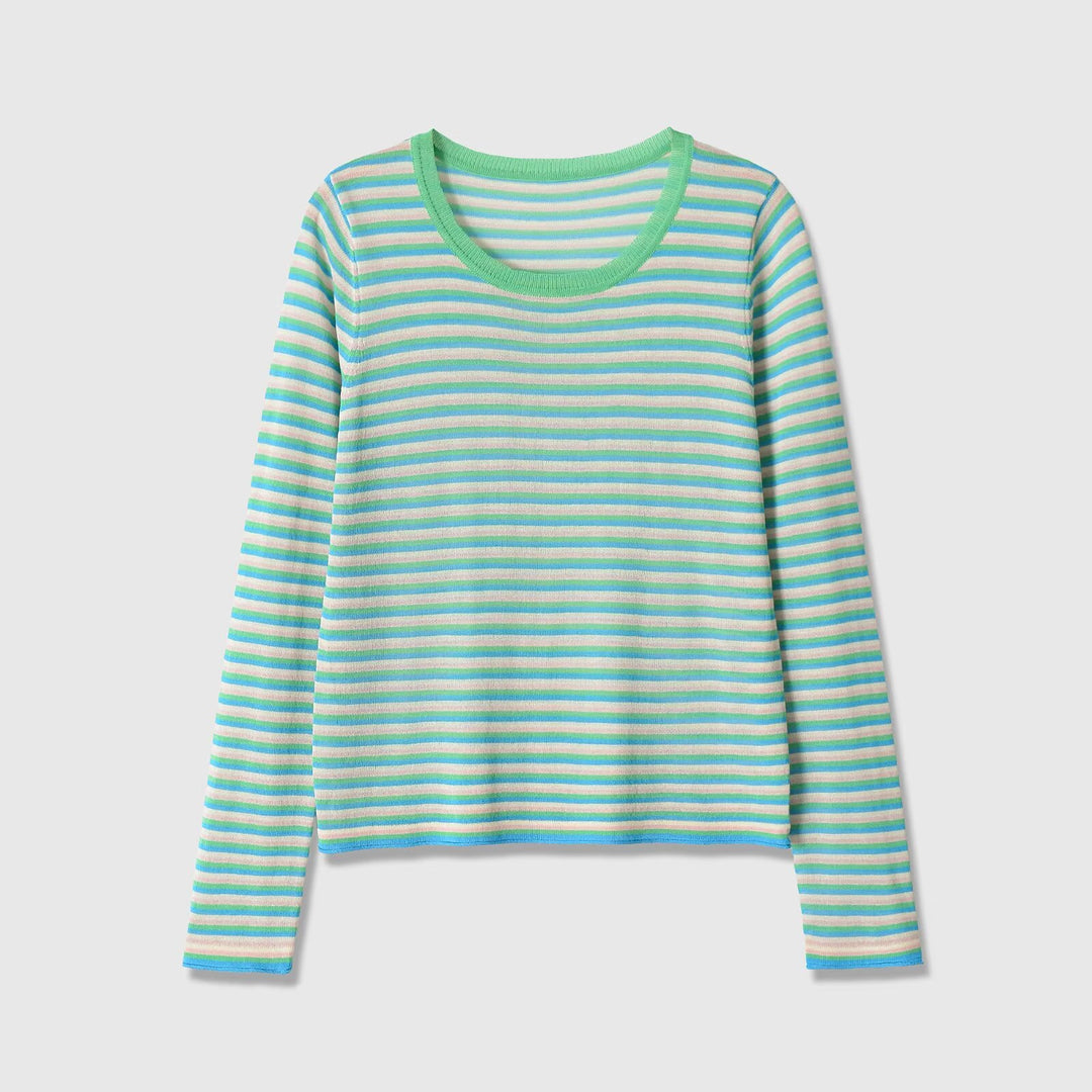 Damen Gestreiftes Feinstrick-Langarmshirt mit Rundhalsausschnitt und figurumspielender Silhouette Nord Taschen