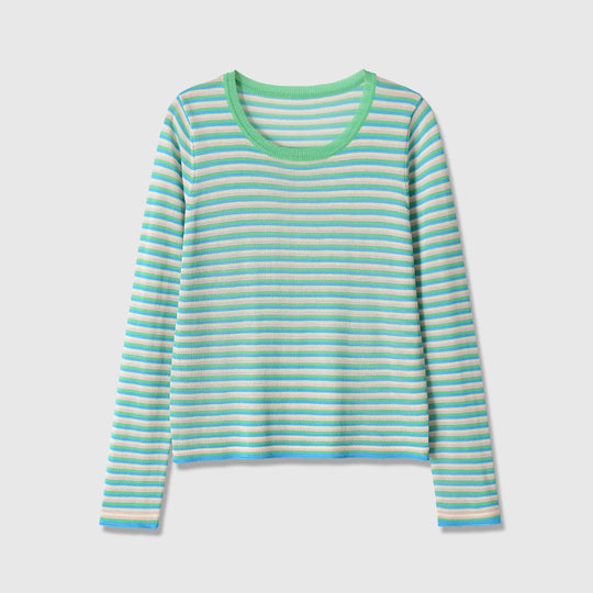 Damen Gestreiftes Feinstrick-Langarmshirt mit Rundhalsausschnitt und figurumspielender Silhouette Nord Taschen