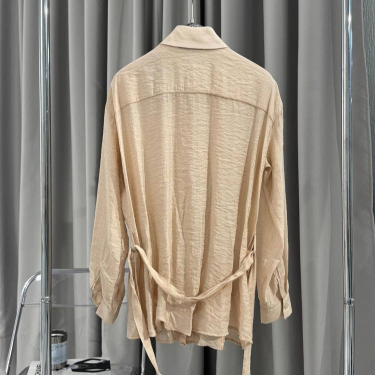 Damen Rüschige Chiffon‑Bluse mit Bindegürtel und Volants Nord Taschen
