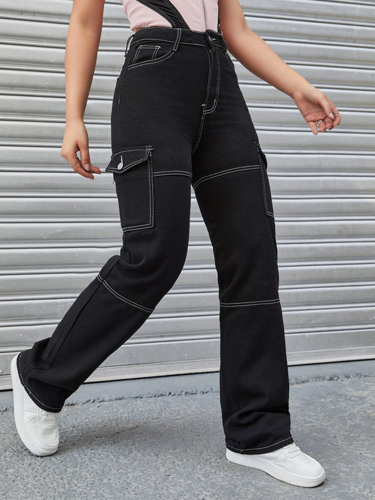 Damen Hochtaillierte Cargo-Hose mit Kontrastnähten und geradem Bein Nord Taschen