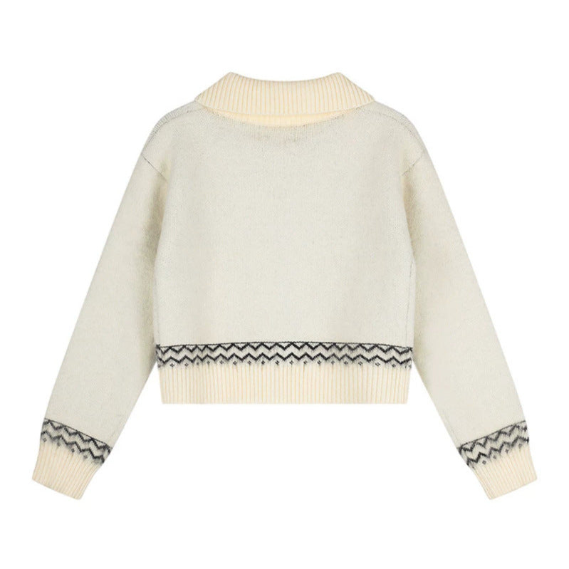 Damen Kurzgeschnittene Strickjacke im Norweger-Jacquard mit Reverskragen und Knopfverschluss Nord Taschen