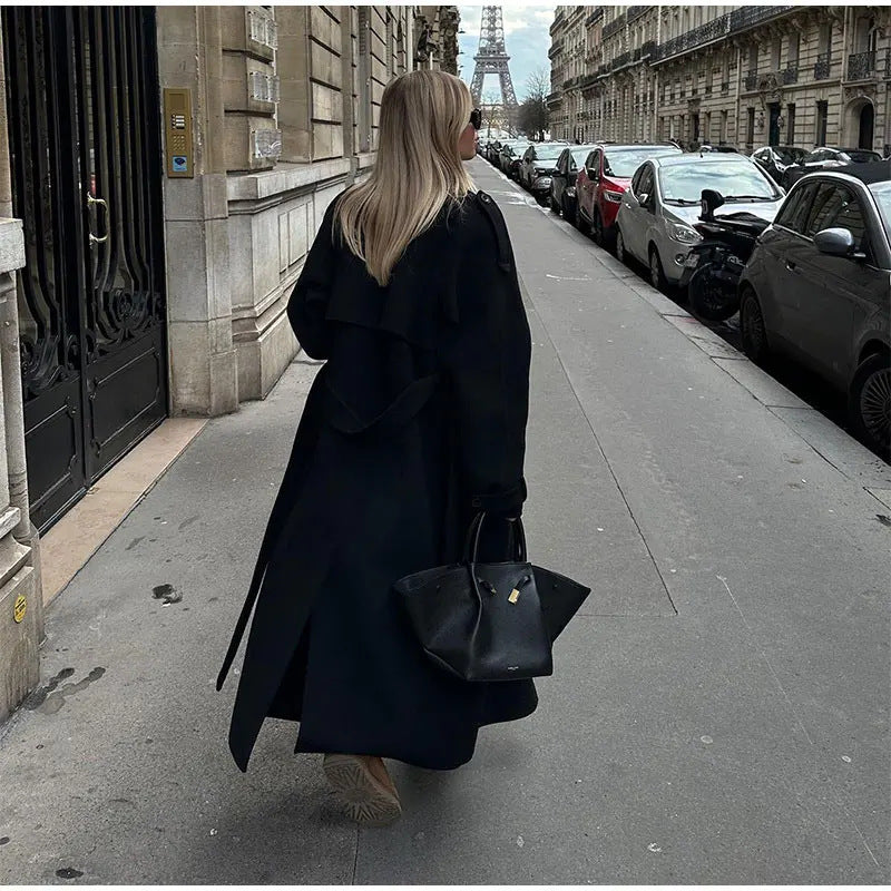 Damen langer Oversize Wollmantel mit weitem Revers und Gürtel Nord Taschen