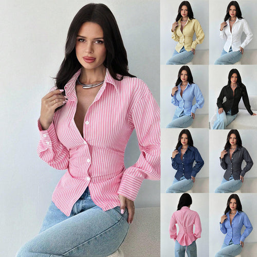 Damen Taillierte Streifen‑Hemdbluse mit Reverskragen und figurformender Taille Nord Taschen