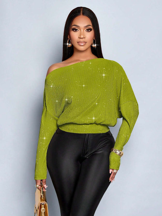 Damen Überschnittener Rippstrick-Pullover mit One-Shoulder und tailliertem Bündchen Nord Taschen