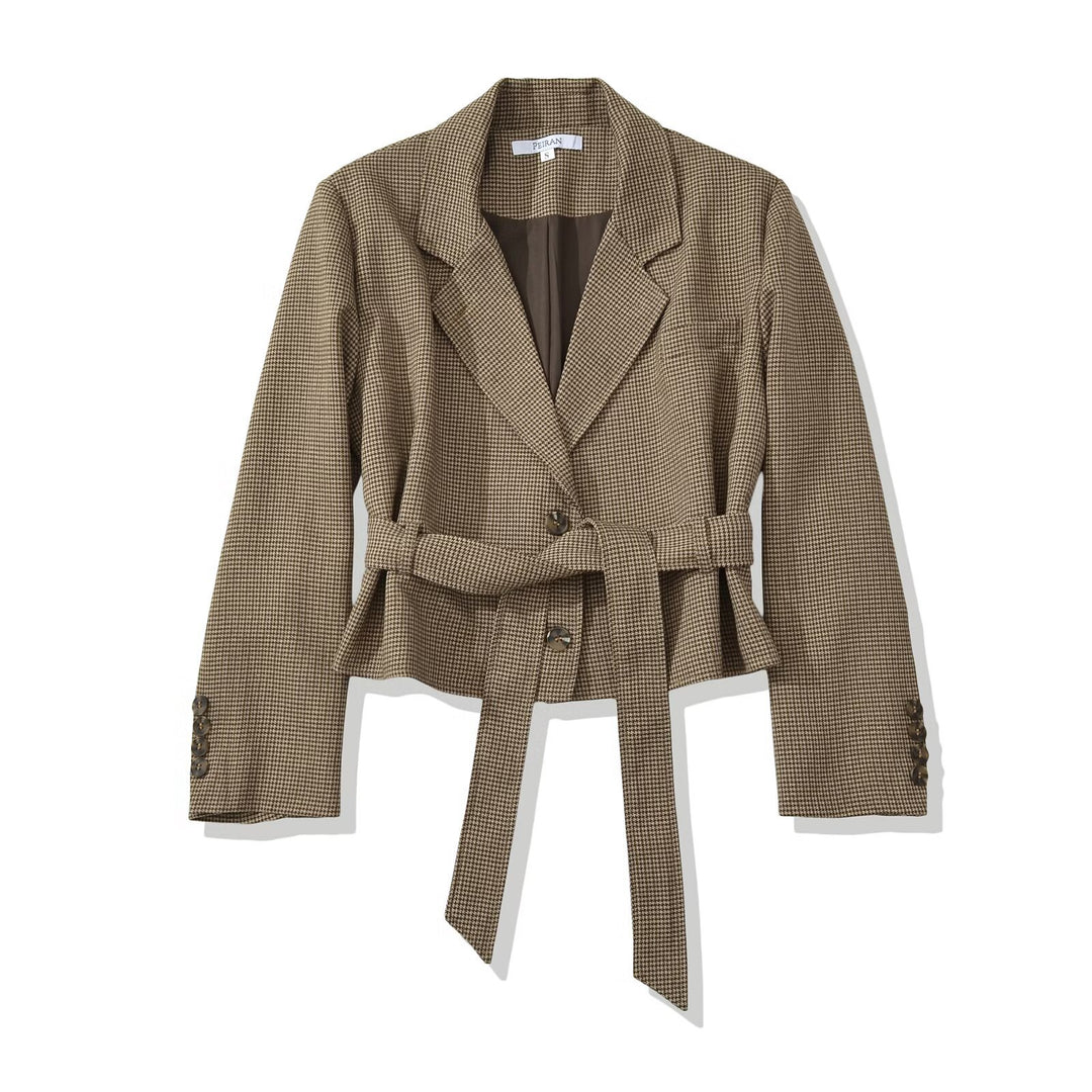 Damen Kurzblazer mit taillierendem Bindegürtel und Hahnentrittmuster Nord Taschen