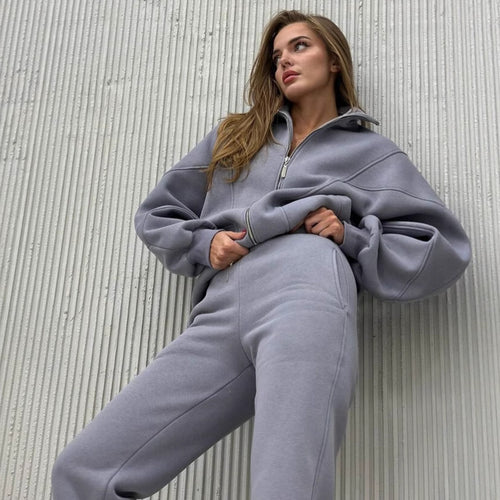 Damen Oversize-Halbzip-Sweatjacke mit sculptender High-Waist-Jogginghose aus schwerem French-Terry Nord Taschen