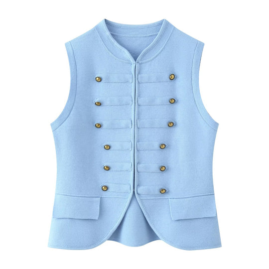 Damen Militärinspirierte Bouclé‑Weste mit Stehkragen und Zierknöpfen Nord Taschen