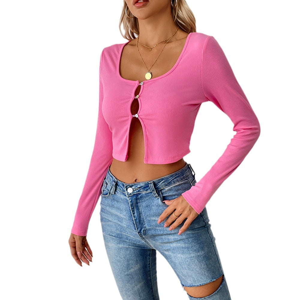 Damen bauchfreies geripptes Cropped-Cardigan mit frontalen Cutouts und Zierösen Nord Taschen