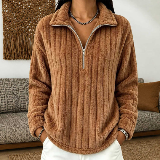 Damen Kuscheliger Plüsch-Halfzip-Pullover mit Stehkragen Nord Taschen