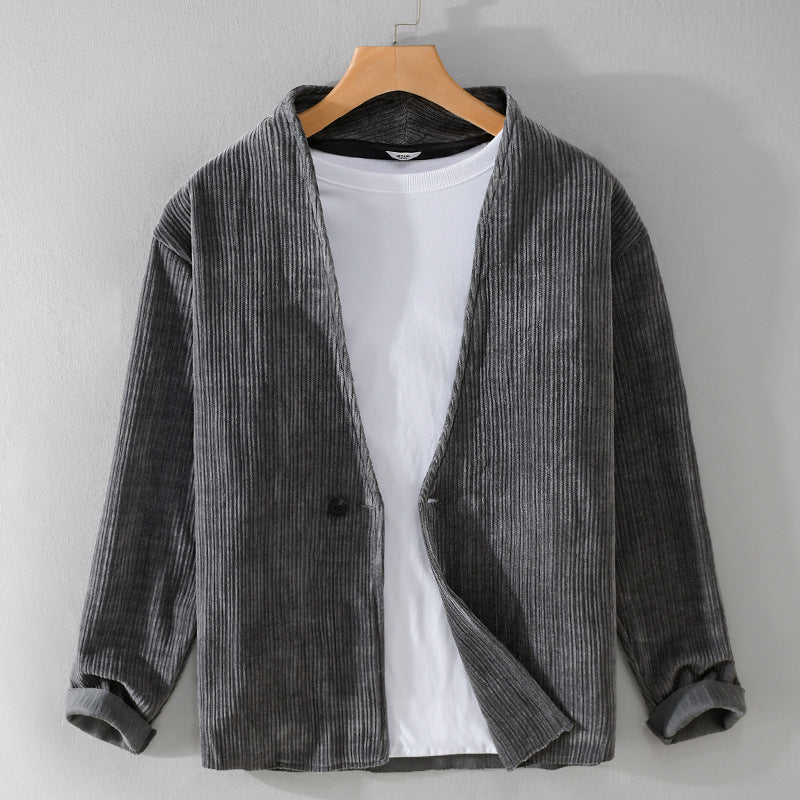 Herren Cord-Overshirt-Sakko mit V-Ausschnitt und Ein-Knopfverschluss Nord Taschen