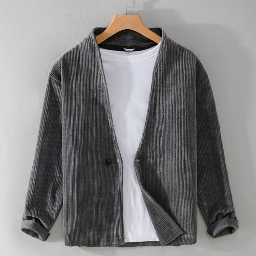 Herren Cord-Overshirt-Sakko mit V-Ausschnitt und Ein-Knopfverschluss Nord Taschen