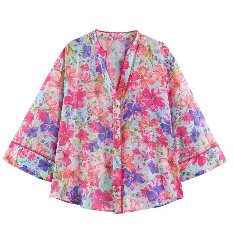 Damen Oversize‑Bluse mit leuchtendem Blumenprint, kastiger Silhouette und dreiviertelärmeln Nord Taschen