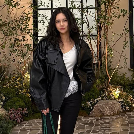 Damen Boxy-Lederimitat-Blouson mit strukturierter Narbung, doppelreihiger Knopfleiste & elastischem Saum Nord Taschen