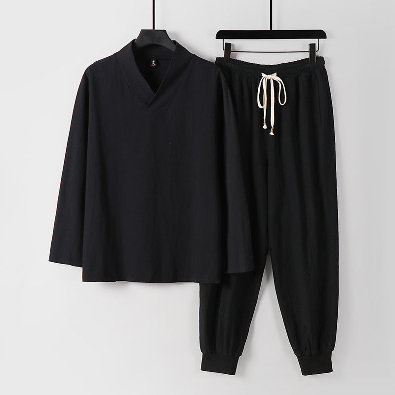 Herren Leichtes Kimono-Loungewear-Set aus Baumwollmix mit V‑Ausschnitt und elastischer Bündchenhose Nord Taschen