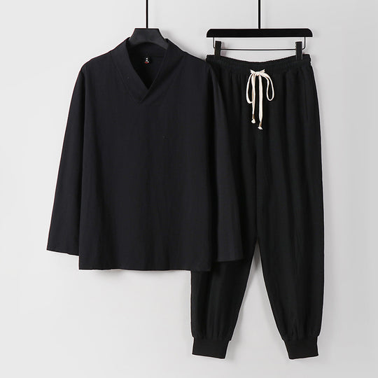 Herren Leichtes Kimono-Loungewear-Set aus Baumwollmix mit V‑Ausschnitt und elastischer Bündchenhose Nord Taschen
