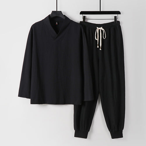 Herren Leichtes Kimono-Loungewear-Set aus Baumwollmix mit V‑Ausschnitt und elastischer Bündchenhose Nord Taschen