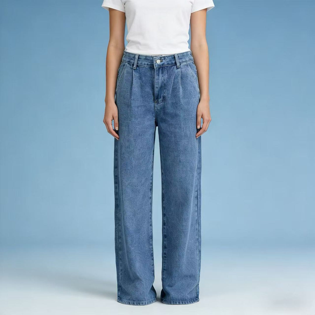 Damen hochgeschnittene Bundfalten-Weitbein-Jeans mit hohem Bund und Gürtelschlaufen Nord Taschen