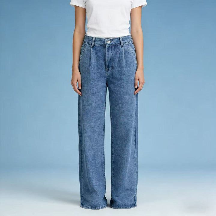 Damen hochgeschnittene Bundfalten-Weitbein-Jeans mit hohem Bund und Gürtelschlaufen Nord Taschen