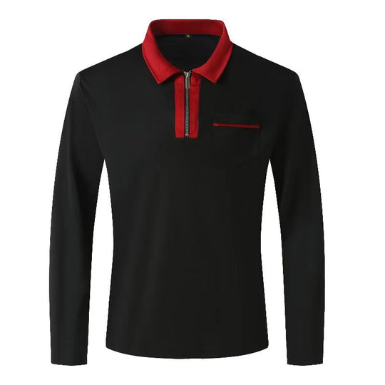 Herren nan elegantes Langarm-Poloshirt mit markantem Stehkragen Metall-Kurzreißverschluss und Brustleistentasche