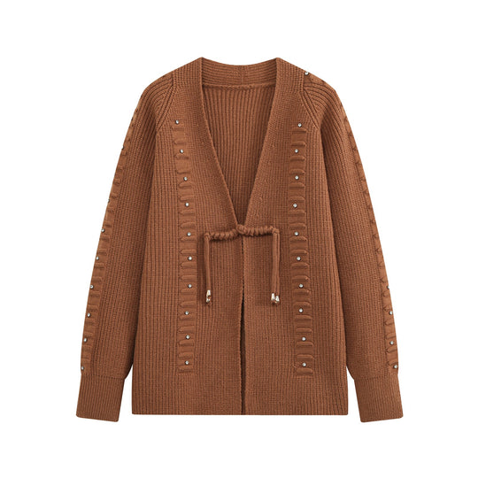 Damen Grobstrick-Cardigan mit Tunnelzug und Strassapplikation Nord Taschen