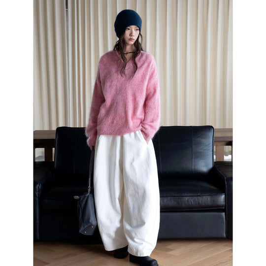 Damen Weicher Fluffy V‑Ausschnitt Pullover mit lockerer Silhouette Nord Taschen