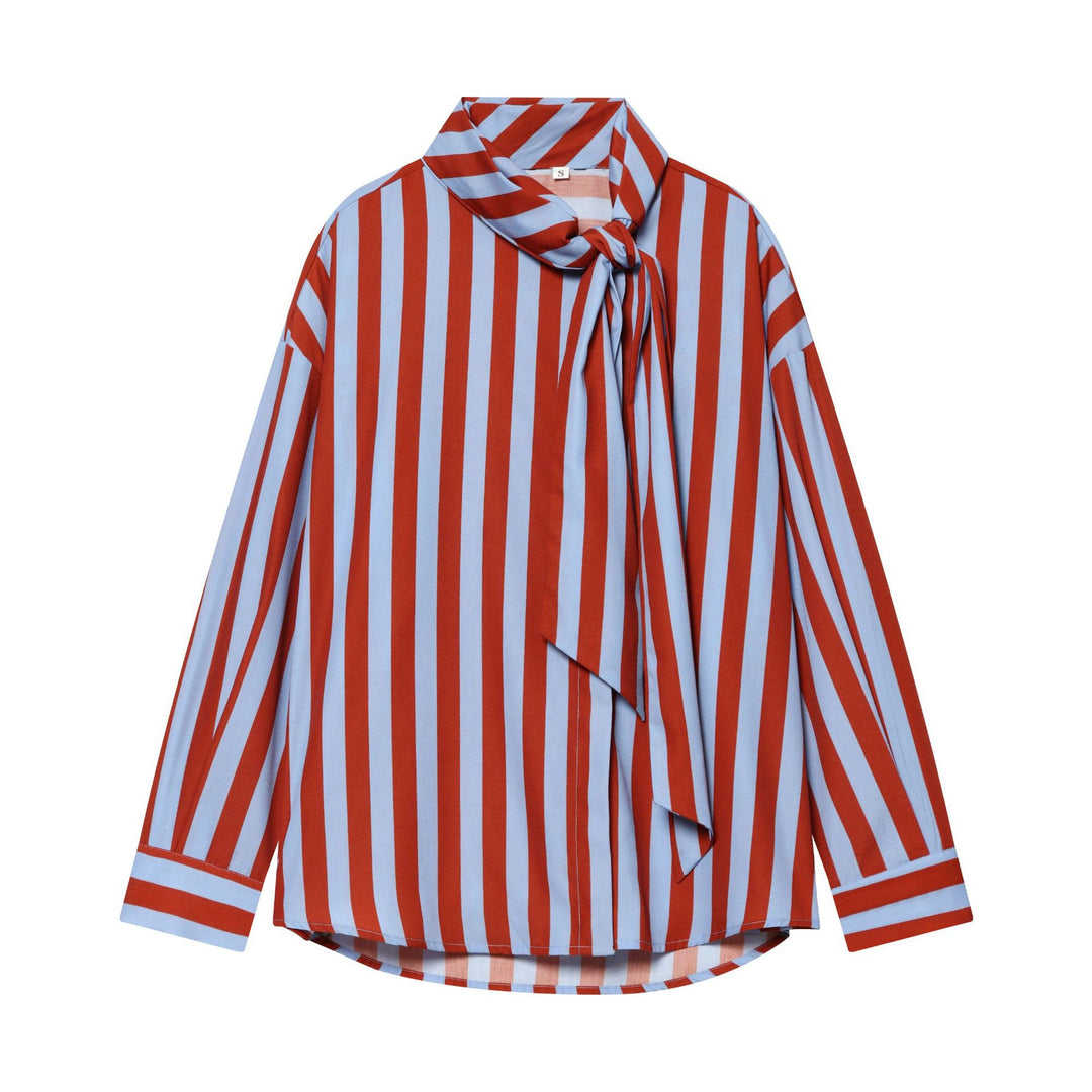 Damen Oversize Bluse mit Schleifenkragen und feinen Streifen Nord Taschen