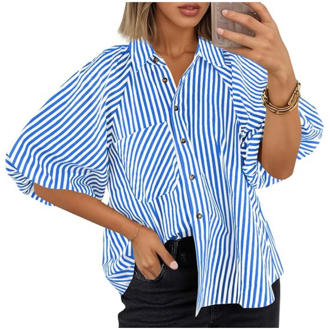 Damen Oversize Hemdbluse mit Ballonärmeln und vertikalem Streifenmuster Nord Taschen