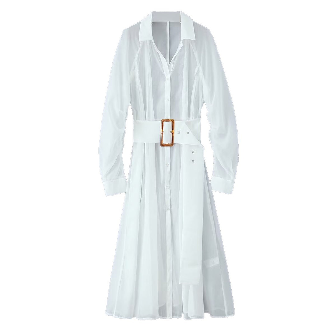 Damen Transparentes Hemdblusenkleid mit weitem Taillengürtel und Volantrock Nord Taschen