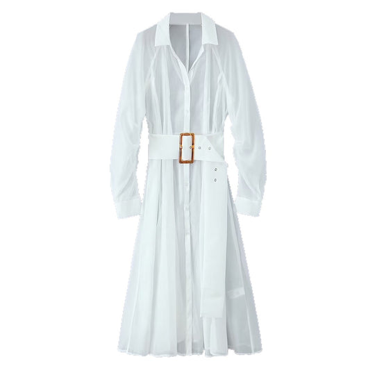 Damen Transparentes Hemdblusenkleid mit weitem Taillengürtel und Volantrock Nord Taschen