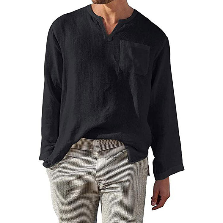 Herren Leinen Langarmshirt mit Henley-Ausschnitt und Brusttasche