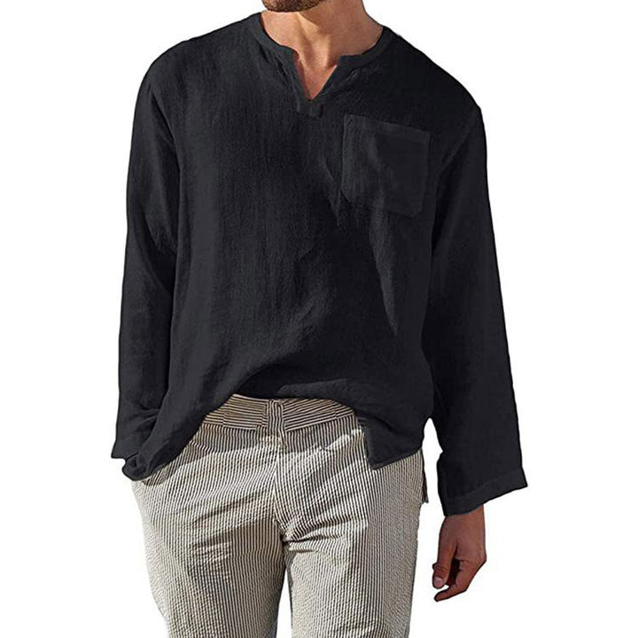 Herren Leinen Langarmshirt mit Henley-Ausschnitt und Brusttasche