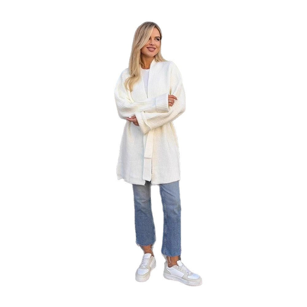 Damen Oversize Strickmantel mit Bindegürtel und geripptem Feinstrick Nord Taschen