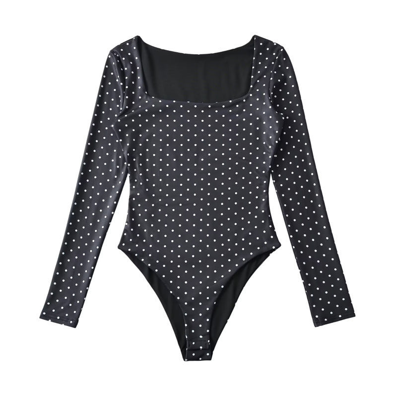 Damen Langärmeliger Body mit quadratischem Ausschnitt und Pünktchenprint Nord Taschen