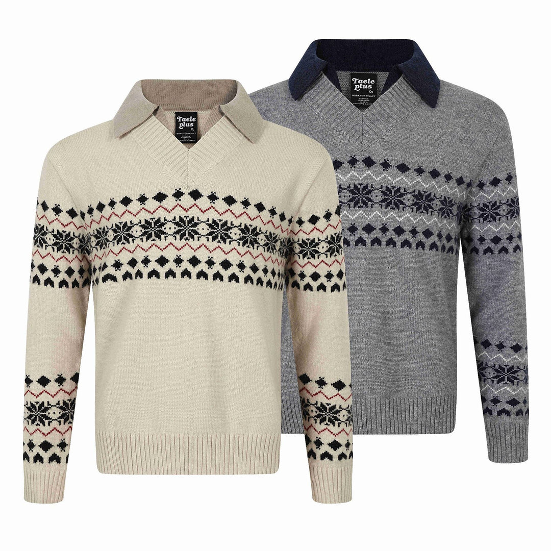 Herren Norweger-Strickpullover mit V‑Ausschnitt und kontrastierendem Hemdkragen Nord Taschen