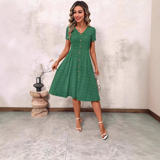 Damen Knielanges Kleid mit V-Ausschnitt und Knopfdetails