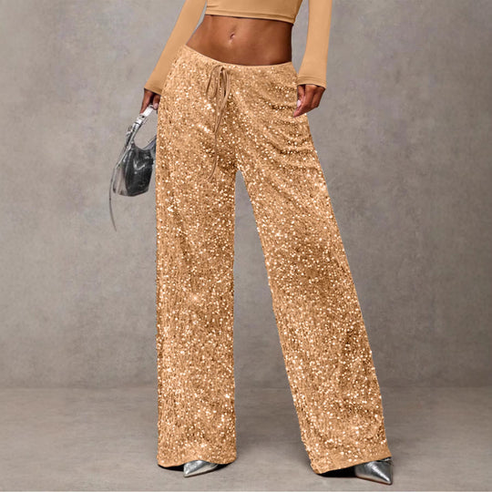 Damen Pailletten-Palazzohose mit hohem Bund und Kordelzug Nord Taschen