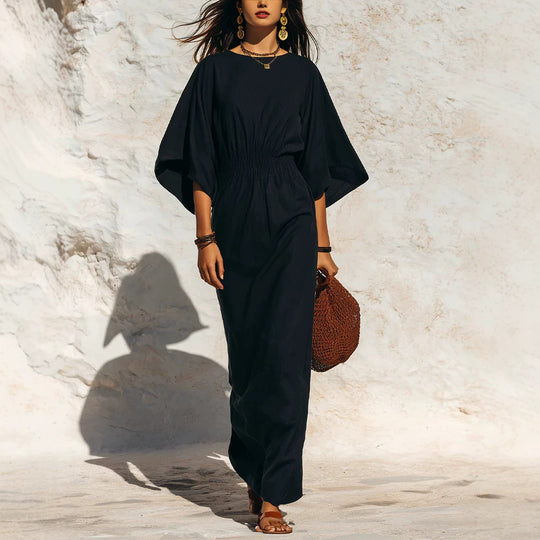 Damen Maxikleid mit Fledermausärmeln und geraffter Smock-Taillierung Nord Taschen