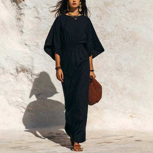 Damen Maxikleid mit Fledermausärmeln und geraffter Smock-Taillierung Nord Taschen
