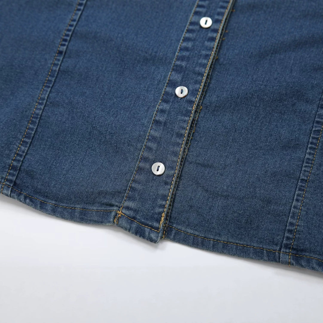 Damen Kurzärmeliges Denim-Hemdkleid mit durchgehender Knopfleiste und Brustklappentaschen Nord Taschen