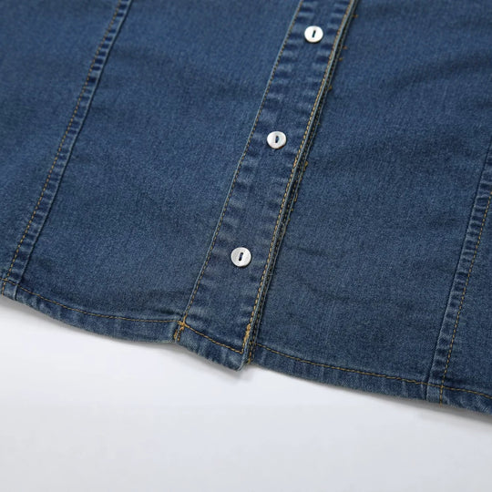 Damen Kurzärmeliges Denim-Hemdkleid mit durchgehender Knopfleiste und Brustklappentaschen Nord Taschen
