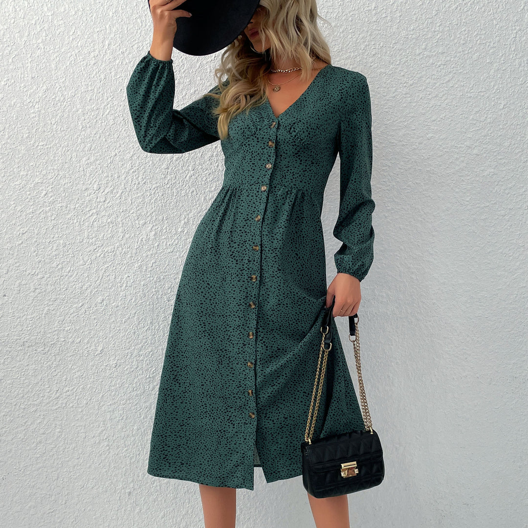 Damen V‑Ausschnitt Midikleid mit Knopfleiste, taillierter Schnitt und Ballonärmeln Nord Taschen