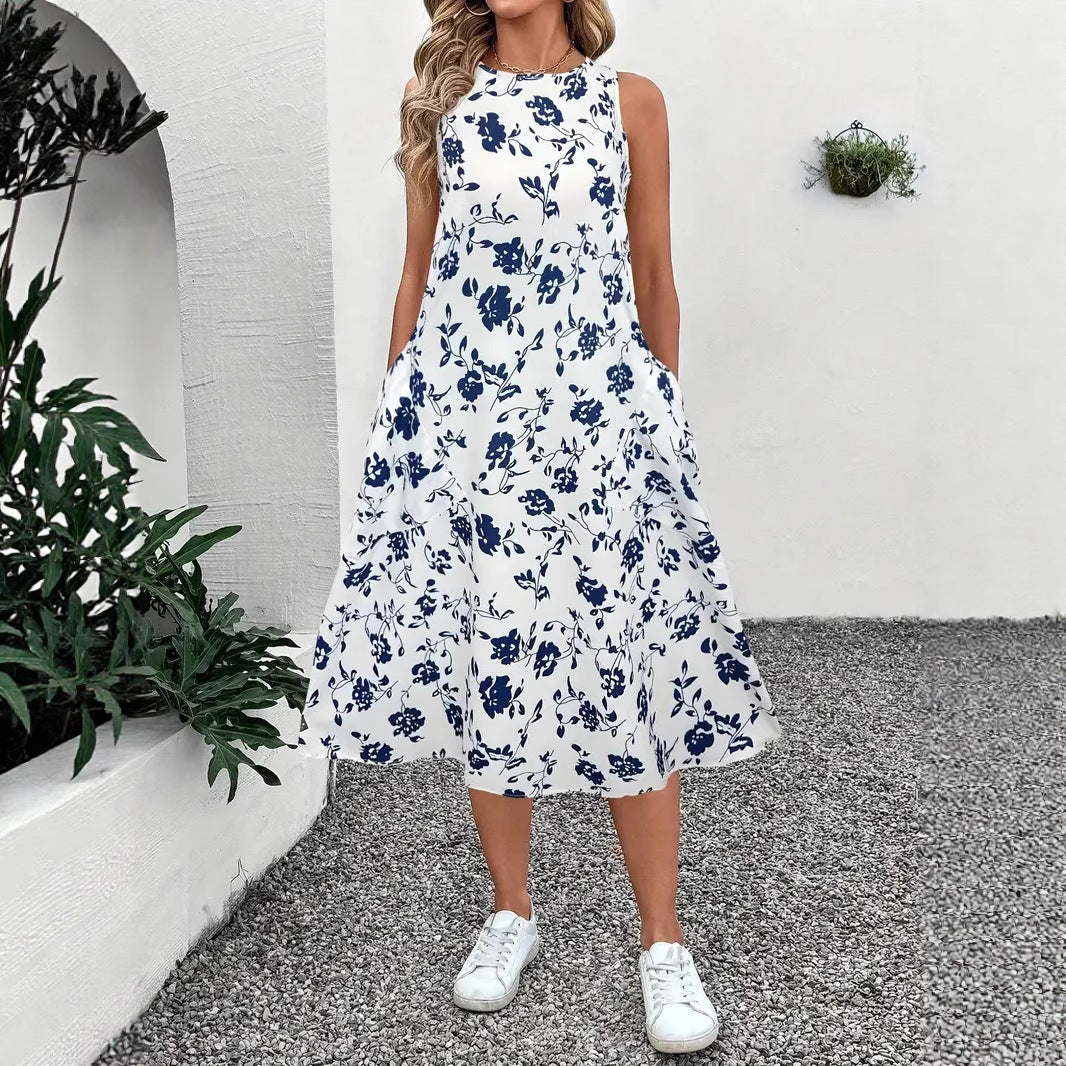 Damen Ärmelloses Maxikleid mit floralem Muster und praktischen Taschen