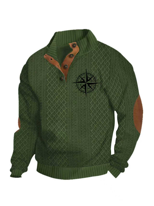 Herren nan Heritage-Strukturpullover mit Stehkragen Lederimitat-Besatz Ellenbogen-Patches und Halbknopfleiste